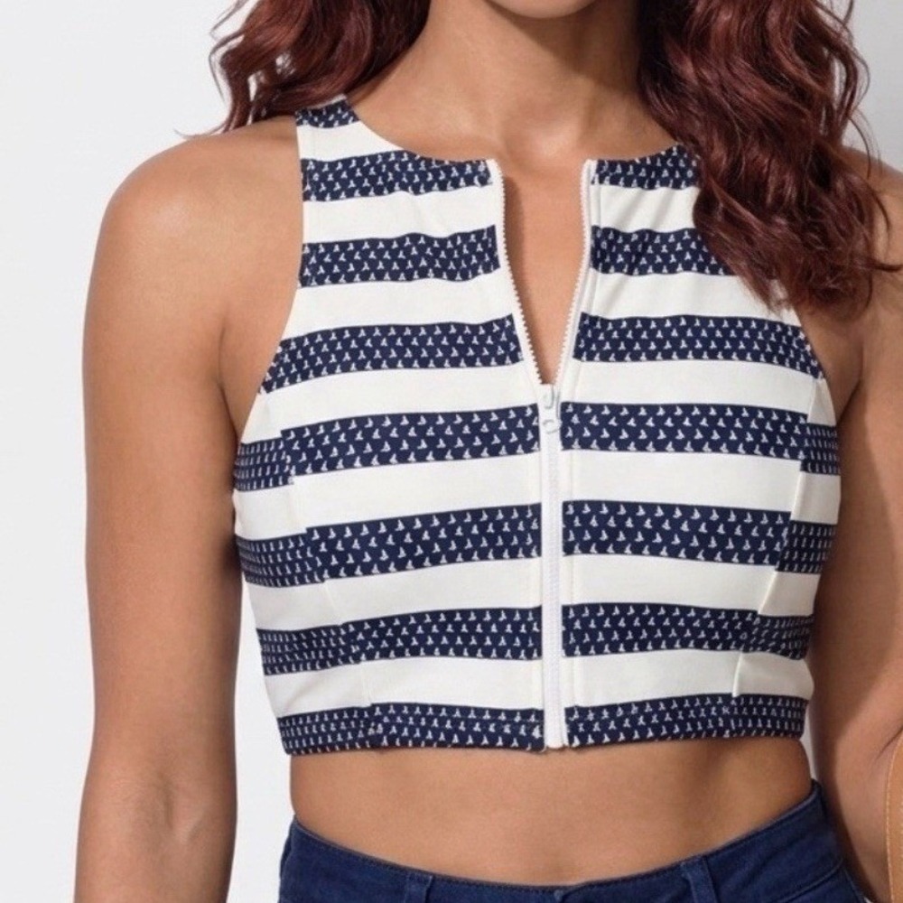 VENUS Navy and White Striped Zip-Front Bikini Top